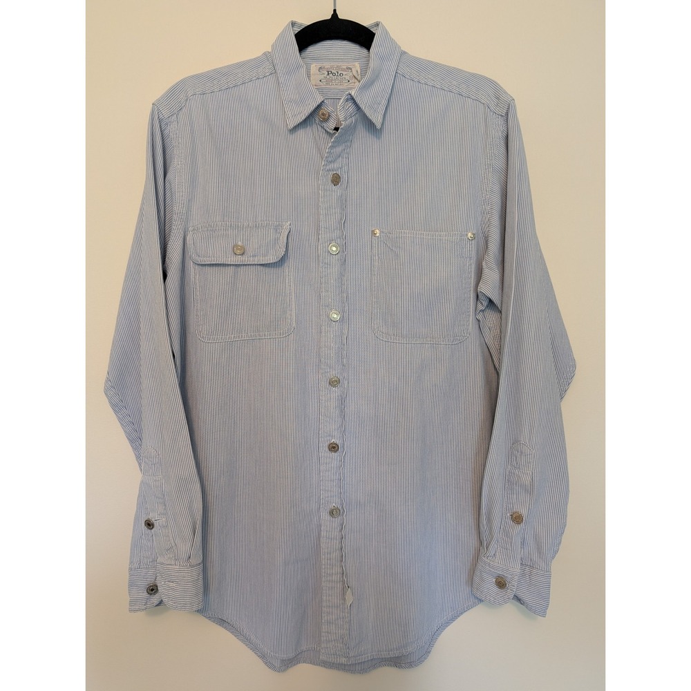 Vintage Polo Ralph Lauren Dungarees Striped Work Shirt Men M Blue White USA Made